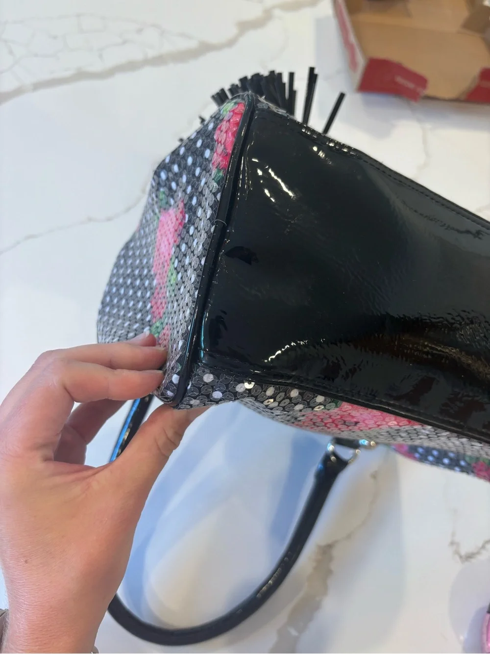 Betsey Johnson Black Sequin Satchel with Pink Rose Embroidery